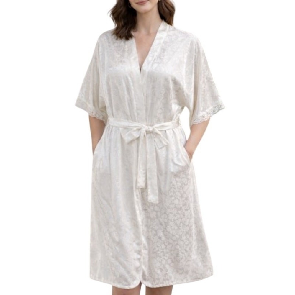 Vintage Lorraine Floral Satin Robe Womens M White Side Pockets Feminine Romantic